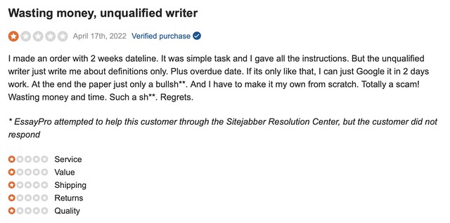 Essaypro.com have negative reviews on SiteJabber.