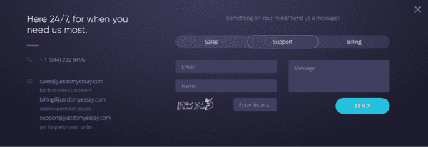 You can contact the customer support managers on Justdomyessay.com via live chat, email address, and mobile phone.